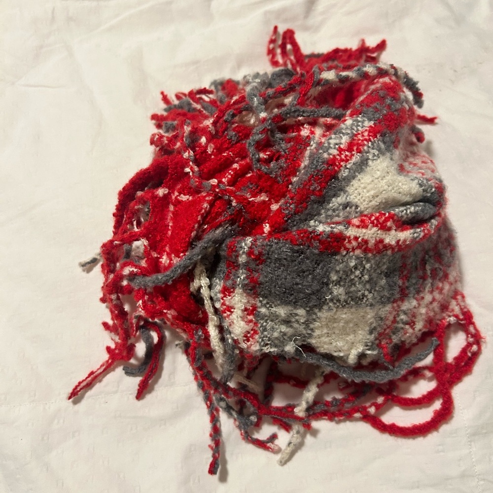 Cozy Red, Gray & Cream Plaid Fringe Scarf